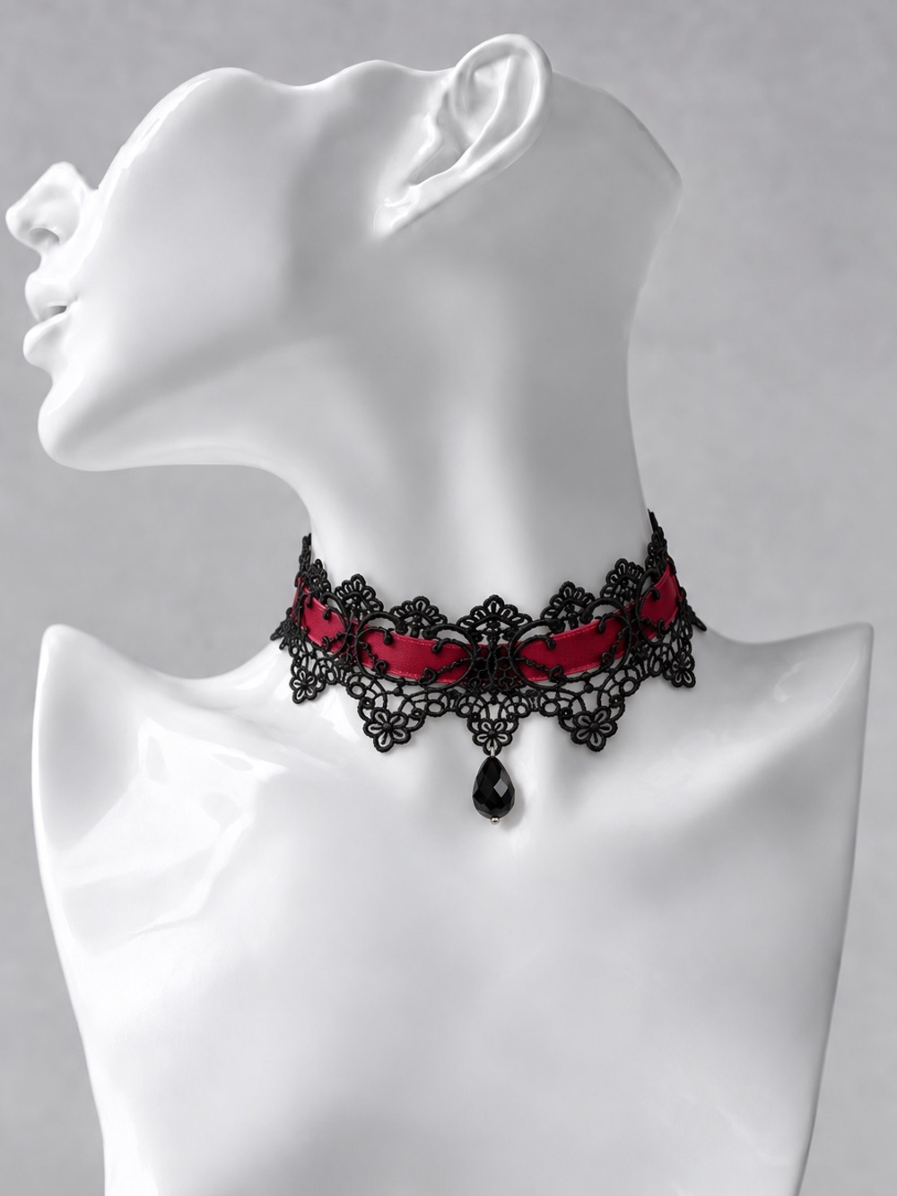 Victorian Black Lace Burgundy Ribbon Choker